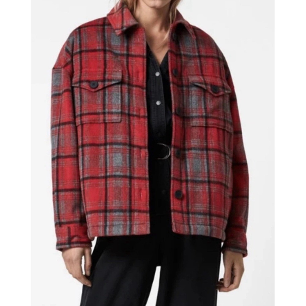 $355 ALLSAINTS Women's Luella Check Plaid Jacket US 00 /UK 2 - Black Red - NWT